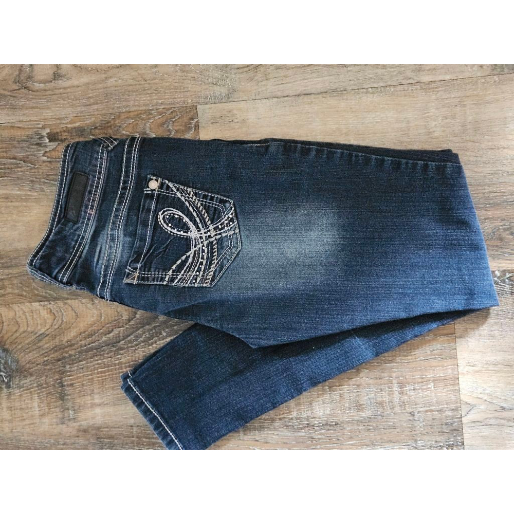 Women's WallFlower Juniors 5 Dark Blue Jeans with White Stitching - Picture 2 of 5